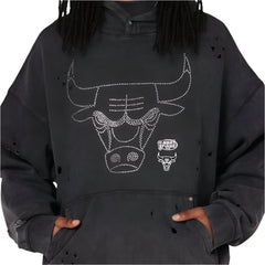 Mitchell & Ness Chicago Bulls Distressed Rhinestone Logo Hoodie - Faded Black