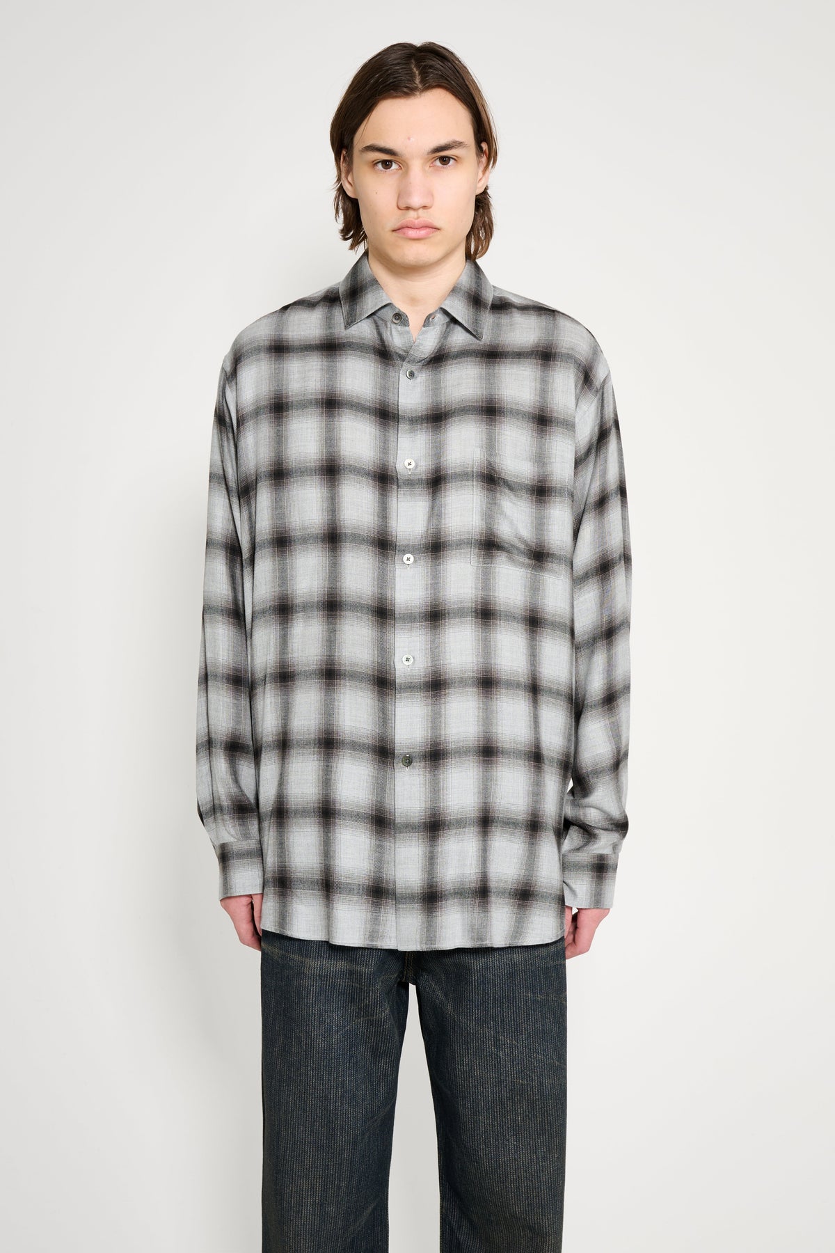 ssstein Rayon / Lyocell Check Oversized Down Pat Shirt Black Ombre